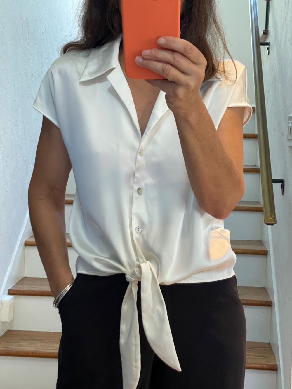 Rachel Zoe satin white short sleeve shirt formal women XS